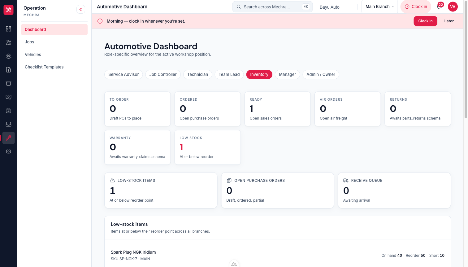 Mechra workshop operation — live inventory and parts status